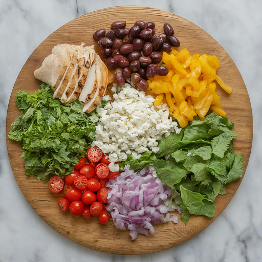  Colorful ingredients arranged on a cutting board, ready to be transformed into a delicious Greek Chopped Salad.