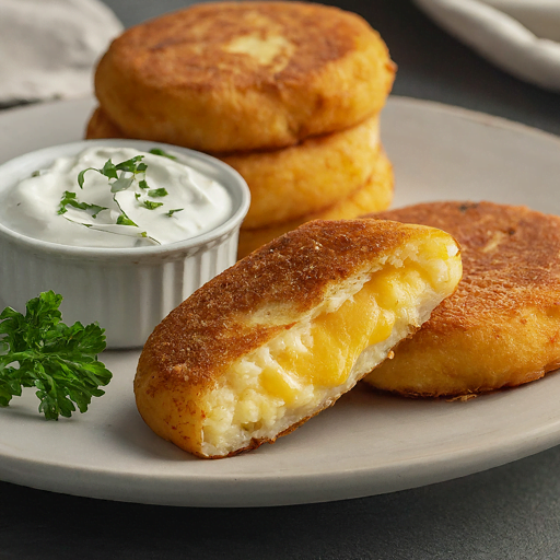 Savor the golden crunch of these low-fat potato cakes filled with melty cheese for a guilt-free indulgence.
